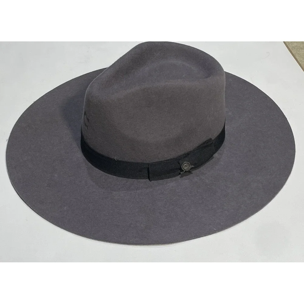 Charlie‎ One Horse Grey Felt Fedora Wide Brim Hat With Grosgrain Band - Size M